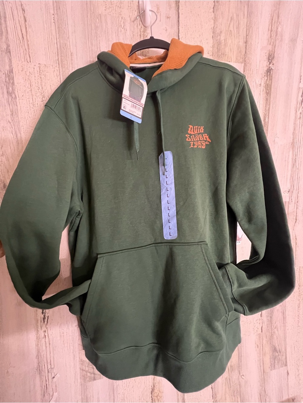 Quiksilver logo Since 1969 Green Pullover Hoodie with Tan Waffle Lining NWT Sz L